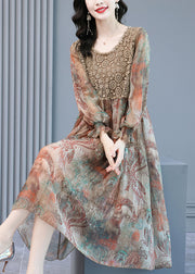 Tailliertes O-Neck Print Lace Patchwork Chiffon Partykleid Laternenärmel