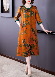 Fitted Orange O Neck Print Patchwork Silk Dresses Summer