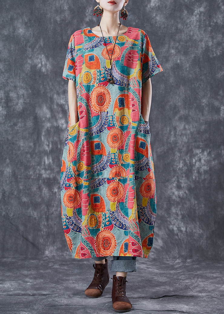 Fitted Orange Oversized Print Linen Maxi Dresses Summer