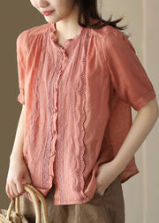 Fitted Orange Ruffled Patchwork Button Ramie Shirt Short Sleeve