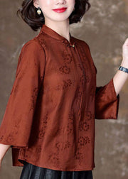 Fitted Orange Tasseled Jacquard Patchwork Silk Shirt Top Spring