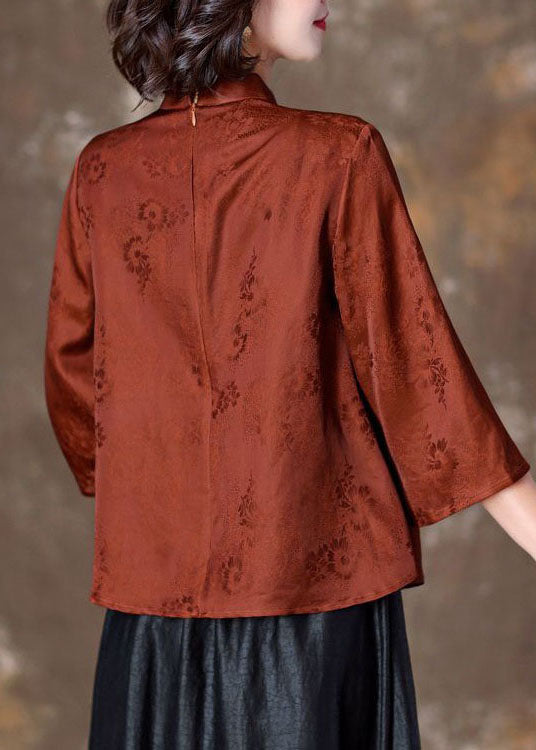 Fitted Orange Tasseled Jacquard Patchwork Silk Shirt Top Spring