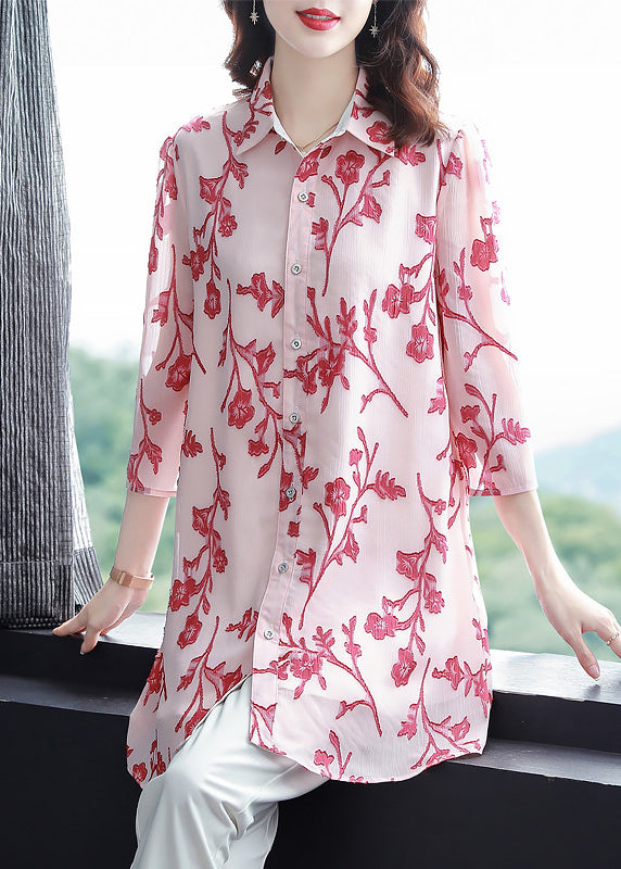 Fitted Pink Button Peter Pan Collar Print Long Chiffon Blouse Top Half Sleeve