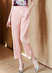 Fitted Pink Elastic Waist Side Open Silk Pants Trousers Spring