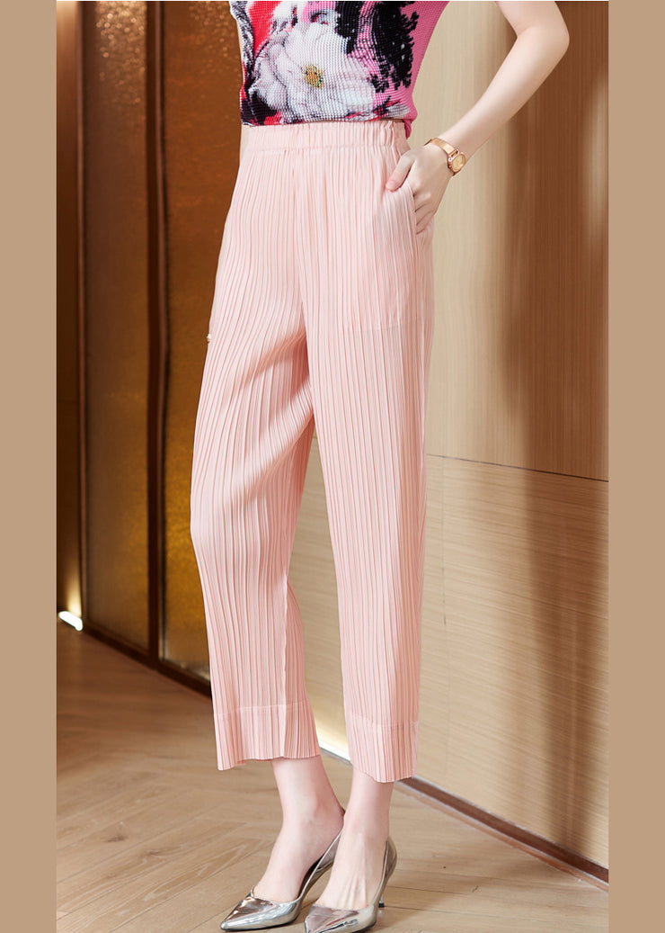 Fitted Pink Elastic Waist Side Open Silk Pants Trousers Spring