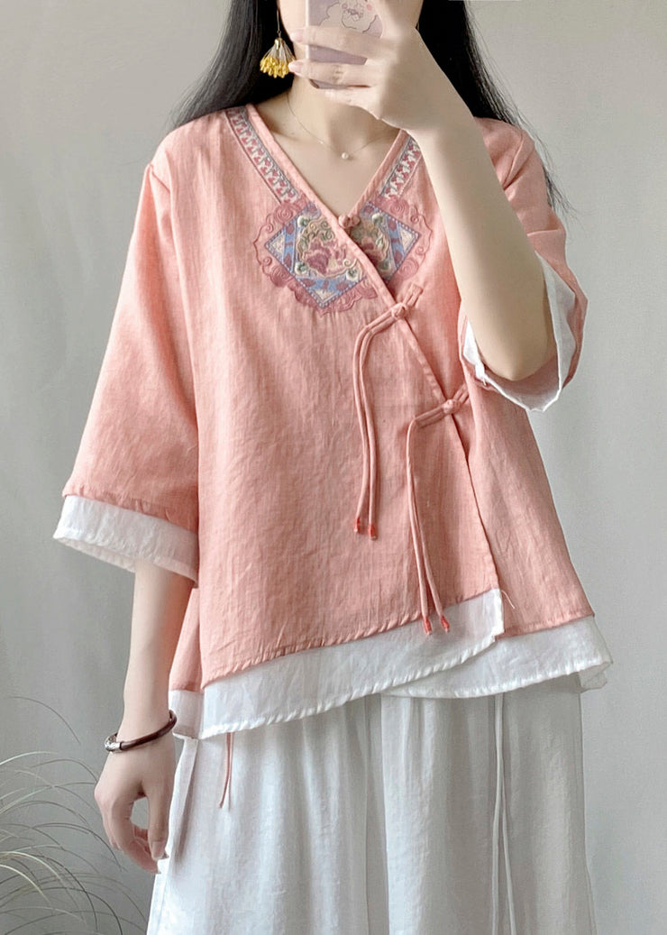 Fitted Pink Embroidered Patchwork Cotton Fake Two Piece Top Summer