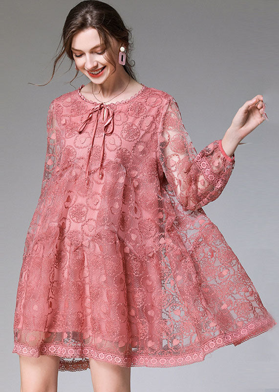 Fitted Pink Embroidered Patchwork Lace Mid Dress Long Sleeve