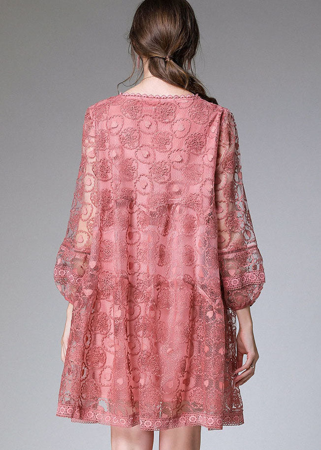 Fitted Pink Embroidered Patchwork Lace Mid Dress Long Sleeve