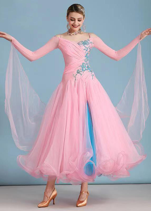 Fitted Pink Embroideried Ruffled Tulle Patchwork Dance Dress Long Sleeve