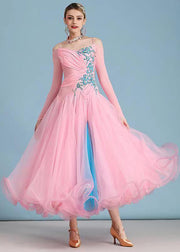 Fitted Pink Embroideried Ruffled Tulle Patchwork Dance Dress Long Sleeve