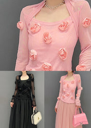 Fitted Pink Floral Patchwork Tulle Tops Long Sleeve