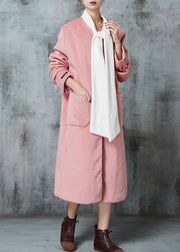 Fitted Pink Oversized Patchwork Bow Woolen Coat Spring