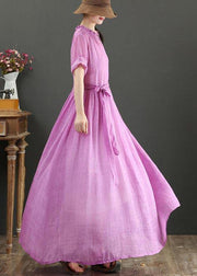 Fitted Pink Purple Bow O-Neck Summer Linen Dress - SooLinen