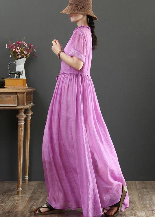 Fitted Pink Purple Bow O-Neck Summer Linen Dress - SooLinen