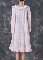 Fitted Pink Ruffled Patchwork Bow Cotton Long Dress Spring