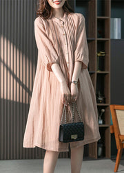 Fitted Pink Stand Collar Button Linen Maxi Dresses Spring
