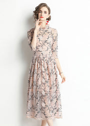 Fitted Pink Stand Collar Hollow Out Lace Dresses Bracelet Sleeve