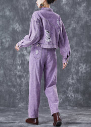 Fitted Purple Hollow Out Rivet Denim Two Pieces Set Summer
