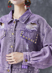 Fitted Purple Hollow Out Rivet Denim Two Pieces Set Summer