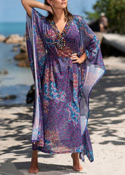 Fitted Purple Print V Neck Beach Gown Holiday Dress Summer - SooLinen