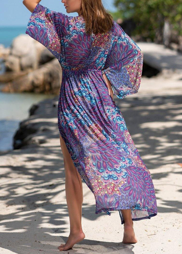 Fitted Purple Print V Neck Beach Gown Holiday Dress Summer - SooLinen