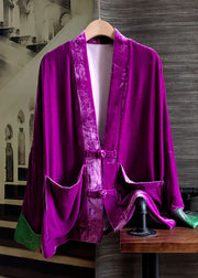 Fitted Purple V Neck Pockets Patchwork Silk Velour Coats Spring