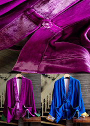 Fitted Purple V Neck Pockets Patchwork Silk Velour Coats Spring