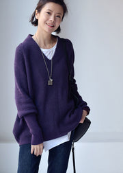 Fitted Purple V Neck Thick Cotton Knit Sweaters Batwing Sleeve