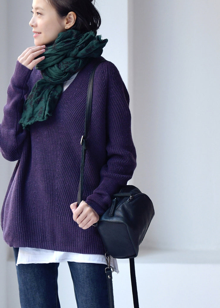 Fitted Purple V Neck Thick Cotton Knit Sweaters Batwing Sleeve