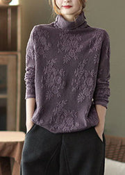 Fitted Purple thick Knit Tops Turtle Neck Spring