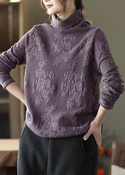 Fitted Purple thick Knit Tops Turtle Neck Spring