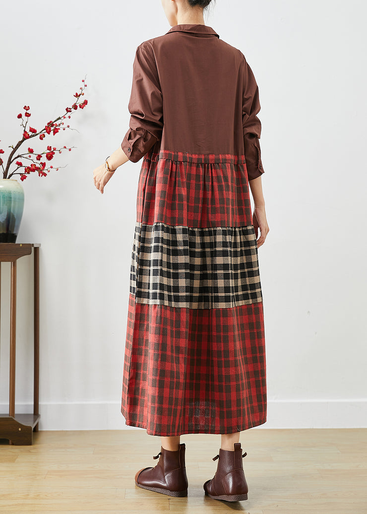 Fitted Red Cinched Patchwork Plaid Cotton Dresses Fall