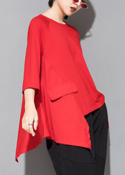 Fitted Red O-Neck Patchwork asymmetrical design Fall Half Sleeve Top