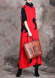 Fitted Red Patchwork asymmetrical design Knit Fall Long sleeve Holiday Dress