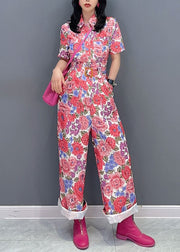 Fitted Red Peter Pan Collar Print Sashes Patchwork Cotton Jumpsuit Summer
