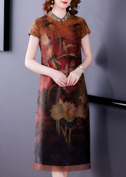 Fitted Red Print Stand Collar Silk Dresses Short Sleeve