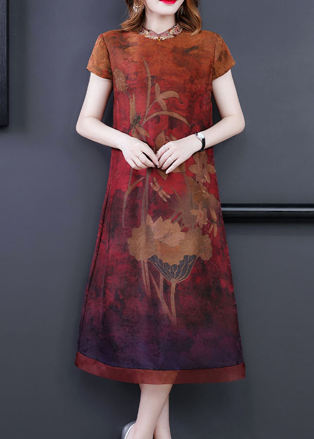 Fitted Red Print Stand Collar Silk Dresses Short Sleeve