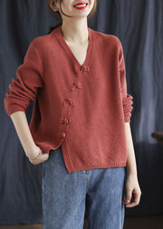 Fitted Red V Neck Button Patchwork Fall Knitted Sweaters