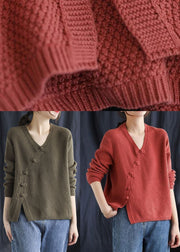 Fitted Red V Neck Button Patchwork Fall Knitted Sweaters