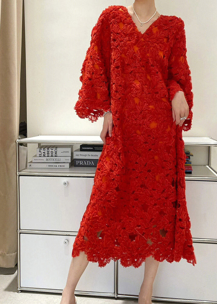 Fitted Red V Neck Hollow Out Floral Dress Long Sleeve