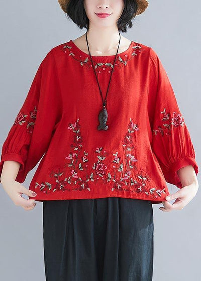 Fitted Red lantern sleeve Summer Cotton Linen Top - SooLinen