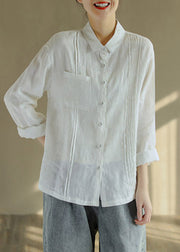 Fitted Rose Peter Pan Collar Wrinkled Button Linen Shirt Long Sleeve