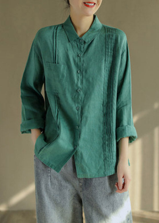 Fitted Rose Peter Pan Collar Wrinkled Button Linen Shirt Long Sleeve