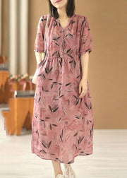 Fitted Rose V Neck Cinched Print Linen Vacation Dresses Short Sleeve
