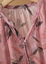 Taillierte Rose V-Ausschnitt Cinched Print Leinen Urlaubskleider Kurzarm