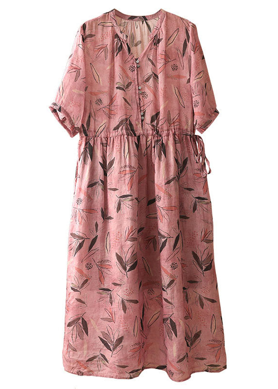 Fitted Rose V Neck Cinched Print Linen Vacation Dresses Short Sleeve