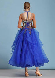 Fitted Royal Blue Zircon Tulle Patchwork Dance Dress Long Sleeve