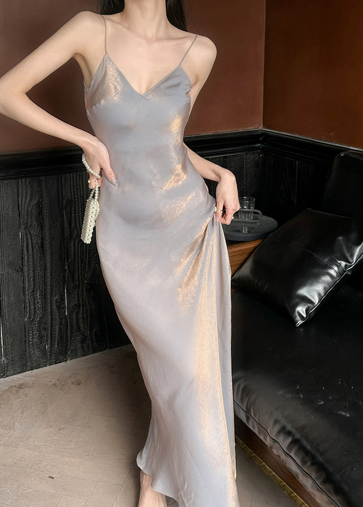 Fitted Silver V Neck Draping Solid Long Vestidos Summer