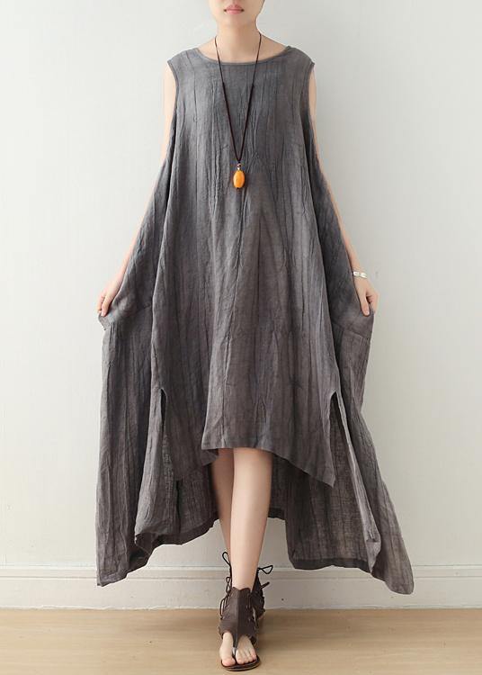 Fitted Sleeveless Linen Grey Side Open Summer Dress - SooLinen