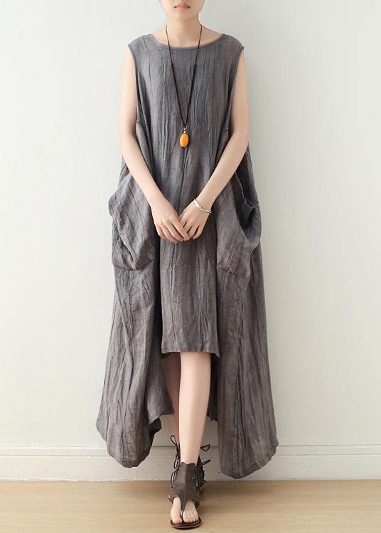 Fitted Sleeveless Linen Grey Side Open Summer Dress - SooLinen